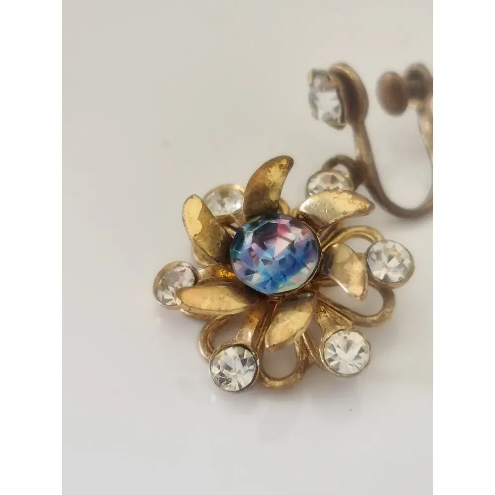 Vintage MCM Iris Striped Rhinestone Dangle Flower Screw-on Earrings